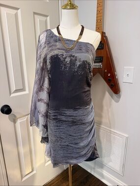 Leon Max Limited Edition One-Shoulder Slate Gray Draped Chiffon Dress 100% Silk